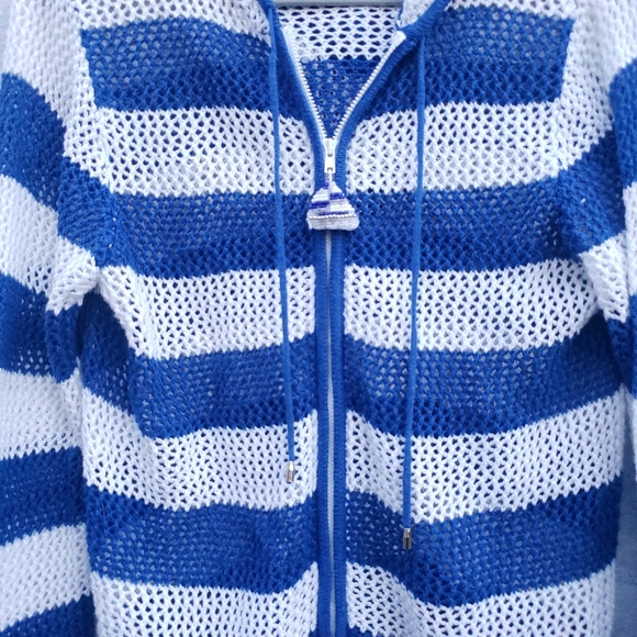 Quacker Factory Striped Crochet Zippered Cotton Blend Hooded Jacket Size Large - Picture 3 of 16